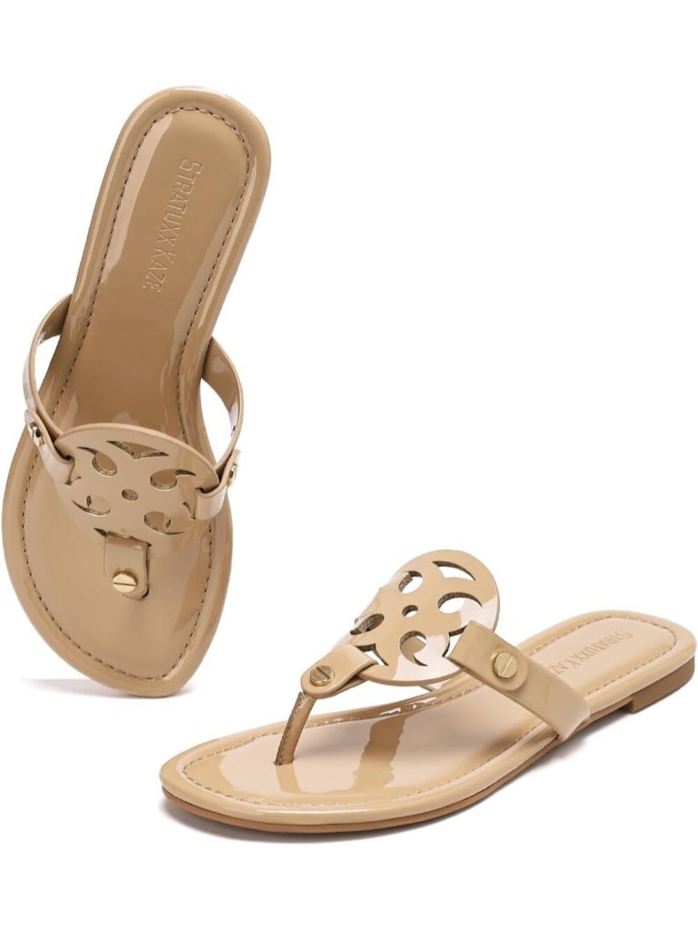 Women's Beige Faux Leather Memory Foam Beach Slides Comfy Flipflop Flat Sandals